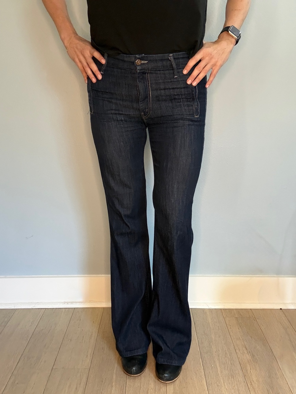 MOTHER The Drama High Rise Flare Jeans Joyride Dark Wash Patch Pocket Sz 28